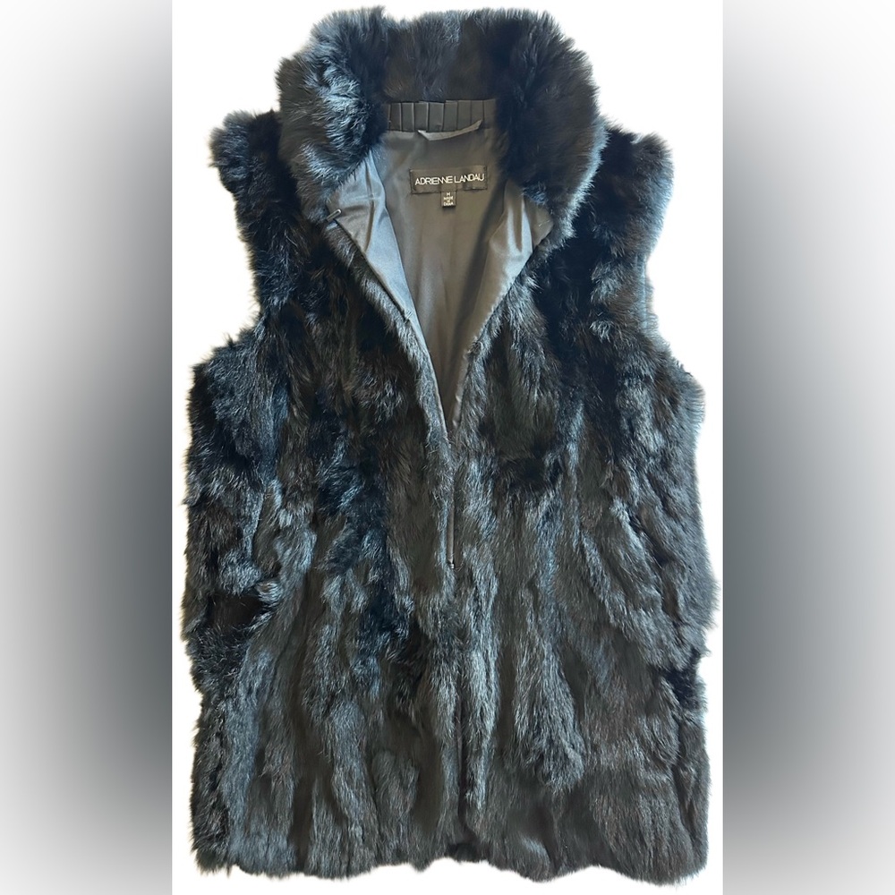 Adrienne Landau Real Rabbit Black Fur Sleeveless Jacket Hook Eye Pockets Size M
